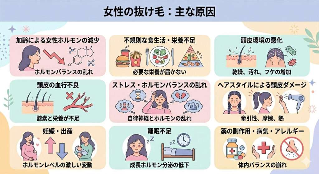 女子絵の抜け毛の主な原因を図で解説しております。