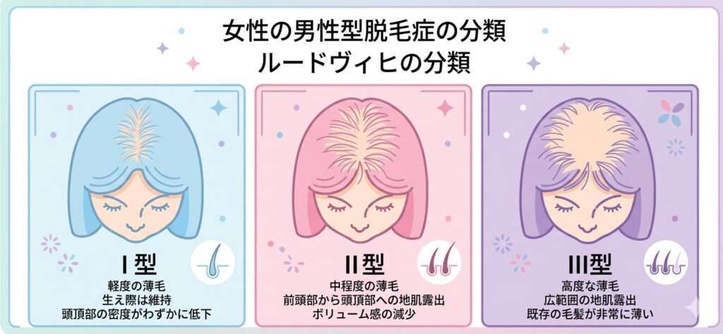 FAGA(女性男性型脱毛症)の分類を画像にしたものです。