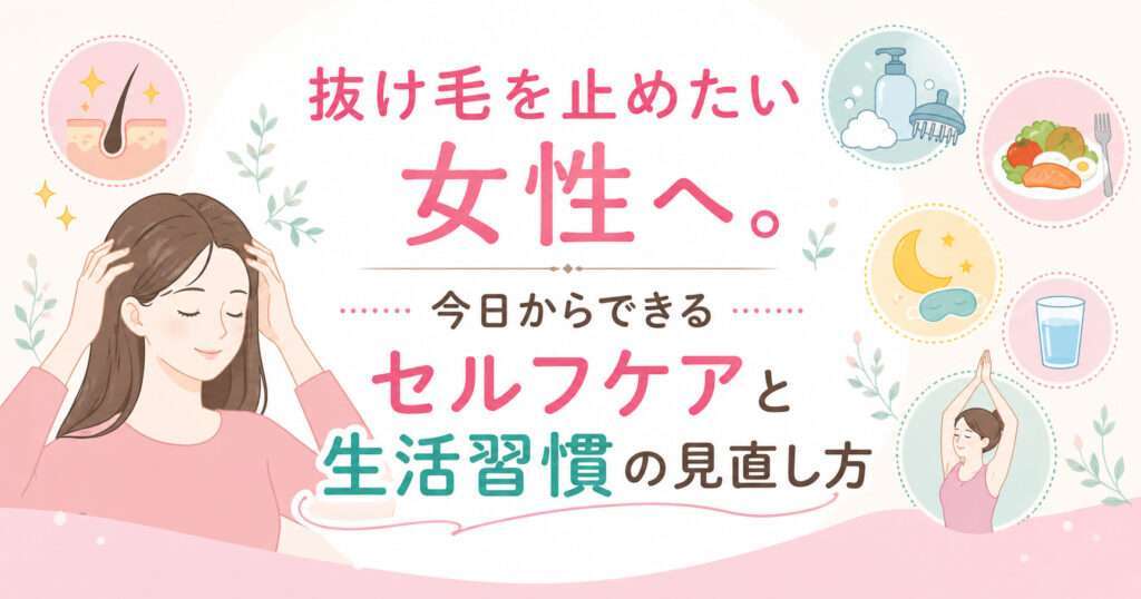大阪市鶴見区薄毛に悩む女性専用サロンhitotema salonの中尾沙織が、抜け毛を止めたい女性にむけて、今日からできるセルフケアと生活習慣の見直し方を解説します。