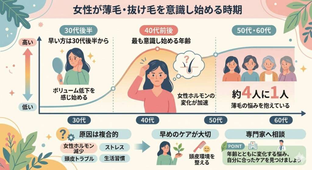 女性が薄毛・抜け毛を意識し始める時期を図で解説しています。50代以降になると4人に1人意識し始めています。