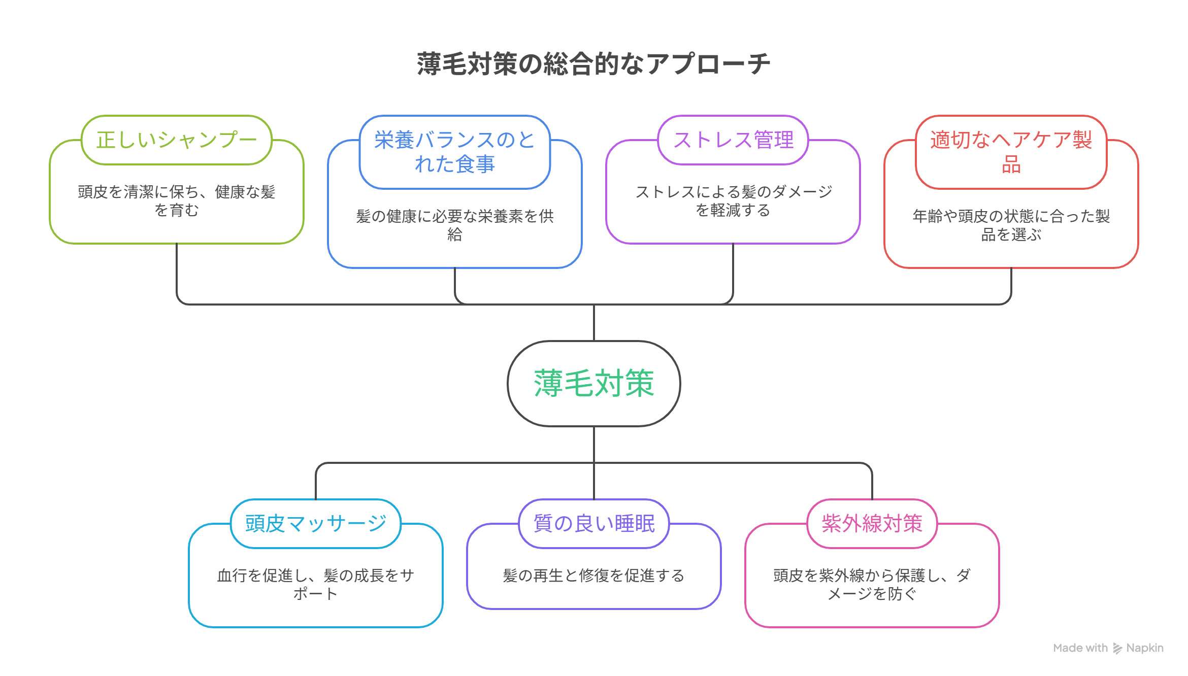 薄毛や抜け毛に悩む方にとって頭皮ケアは、とても重要です。7つのケア方法を図解しました!