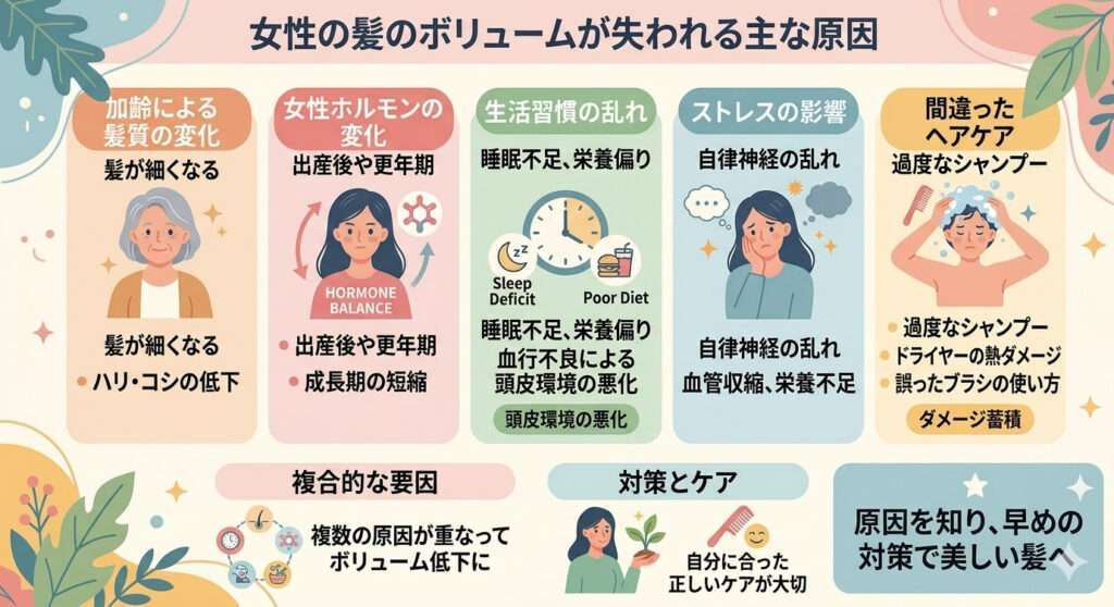 女性の髪のボリュームが失われる主な原因を大阪市鶴見区薄毛に悩む女性専用サロンhitotema salonの中尾沙織が図で解説しています。