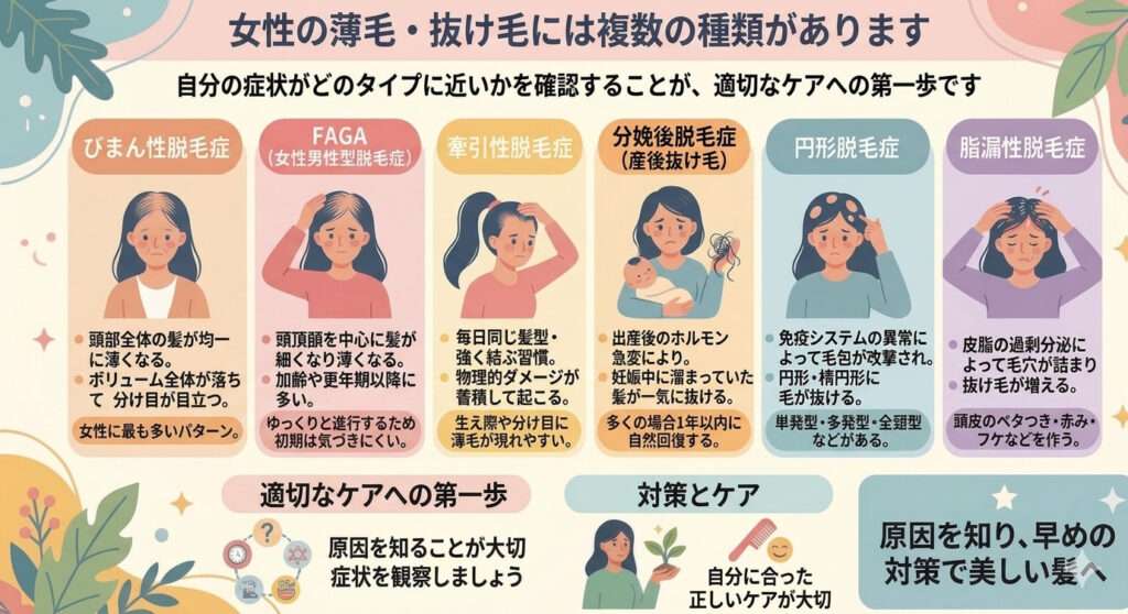 女性の薄毛や抜け毛には複数のしゅるいがあります。中尾沙織が図で説明しております。