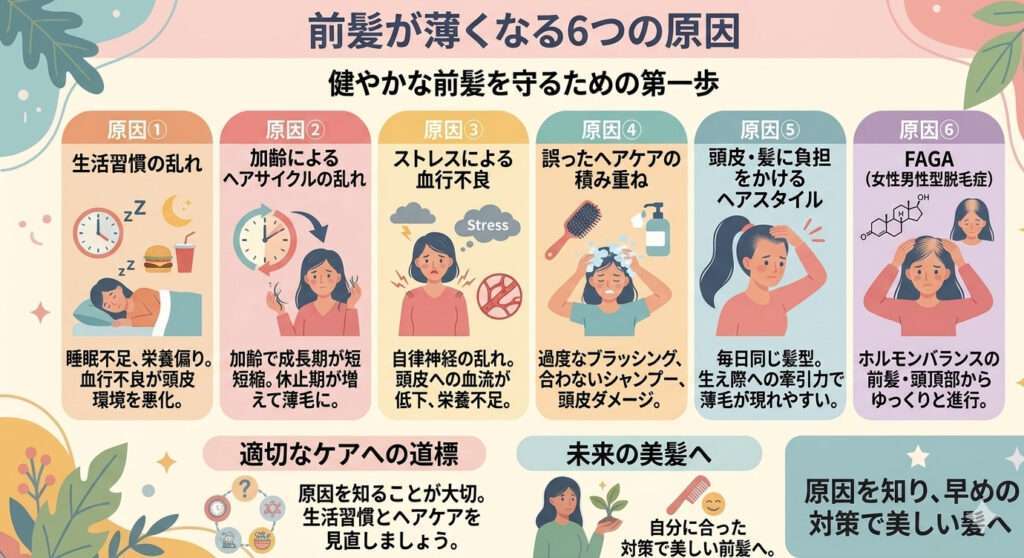 前髪が薄くなる６つの原因原因①生活習慣の乱れ・原因② 加齢によるヘアサイクルの乱れ・原因③ ストレスによる血行不良・原因④ 誤ったヘアケアの積み重ね・原因⑤ 頭皮・髪に負担をかけるヘアスタイル・原因⑥ FAGA（女性男性型脱毛症）を図解しました。