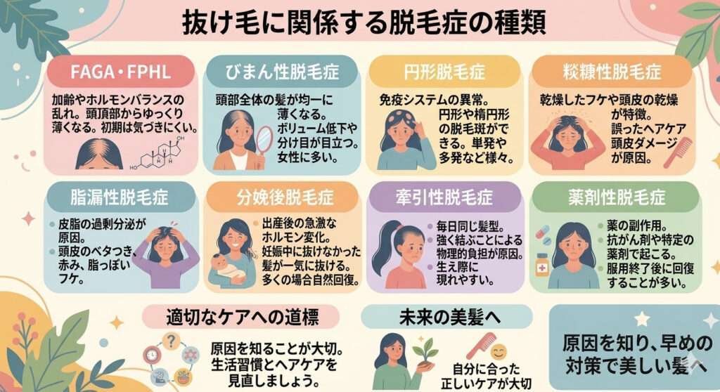抜け毛に関係する脱毛症の種類には・FAGA・FPHL・びまん性脱毛症・円形脱毛症・粃糠性脱毛症・脂漏性脱毛症・分娩後脱毛症・牽引性脱毛症・薬剤性脱毛症などの種類があります。そのような種類を図で解説しております。