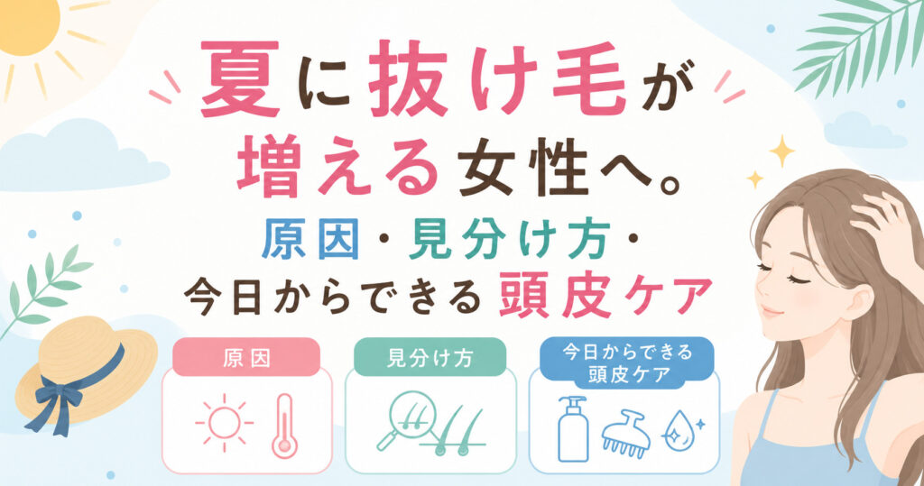 夏に抜け毛が増える女性へ。原因・見分け方今日からできる頭皮ケア。今回は夏の抜け毛について記事を作成しました。大阪市鶴見区hitotema salonの中尾沙織が解説します。