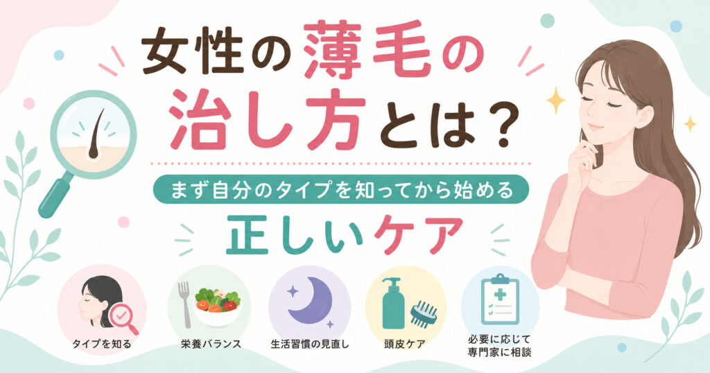 女性の薄毛の治し方とは？まず自分のタイプを知ってから始める正しいケア方法を大阪市鶴見区薄毛に悩む女性専用サロンhitotema salonの中尾沙織が解説。