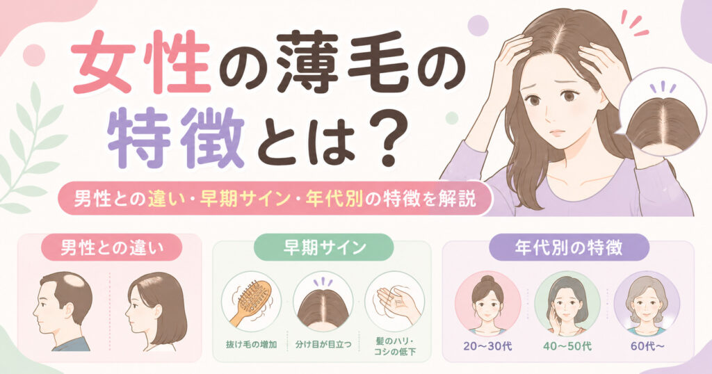 大阪市にある薄毛に悩む女性専用サロンhitotema salonの中尾沙織が、女性の薄毛の特徴とは？男性との違い・早期サイン・年代別の特徴を解説します。