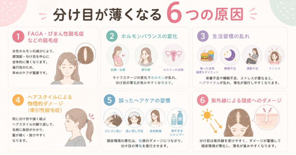 分け目の薄くなる原因も様々です。今回は6つの原因を解説しております。