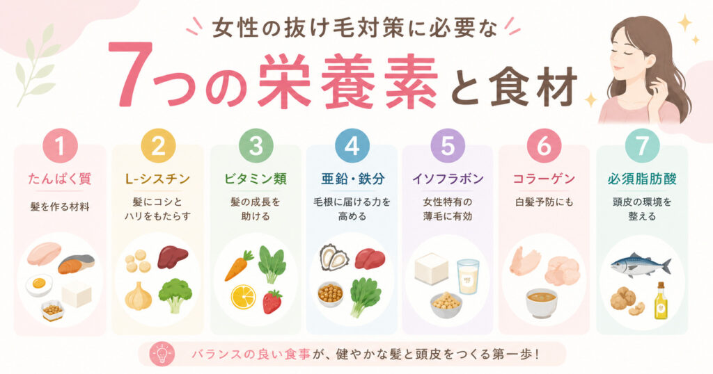 7つの栄養素と食材について図で説明しております。 バランスの良い食事をすることが頭皮環境をよくするヒントにもなります。