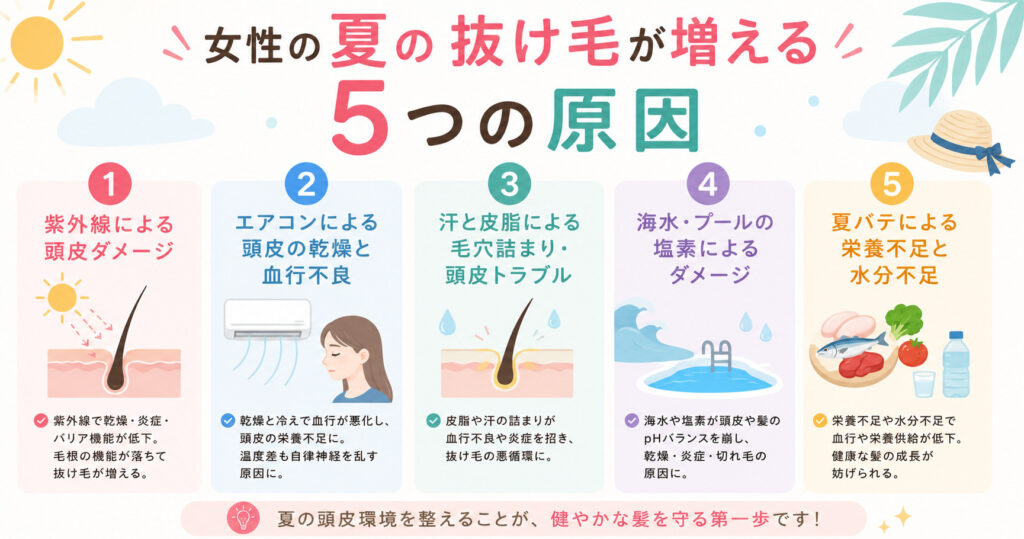女性の夏の抜け毛が増える5つの原因を図で説明しました！