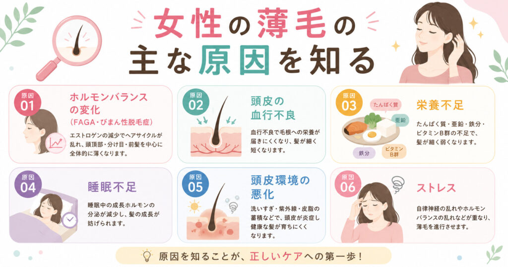 女性の薄毛の主な原因を図で説明しております。