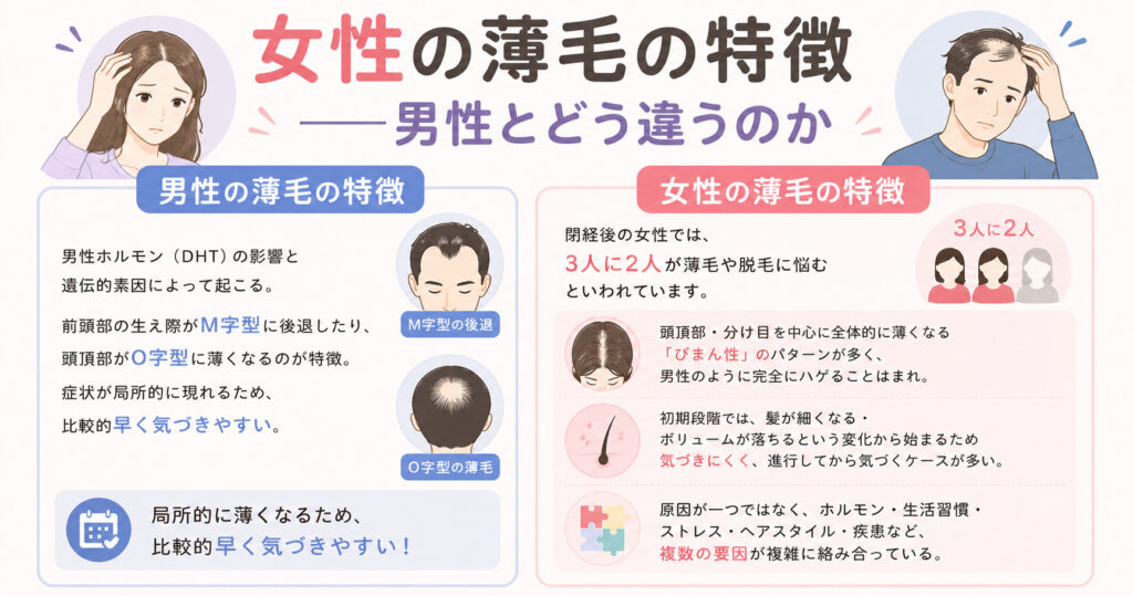女性と男性の薄毛の違いを図で説明しております。
