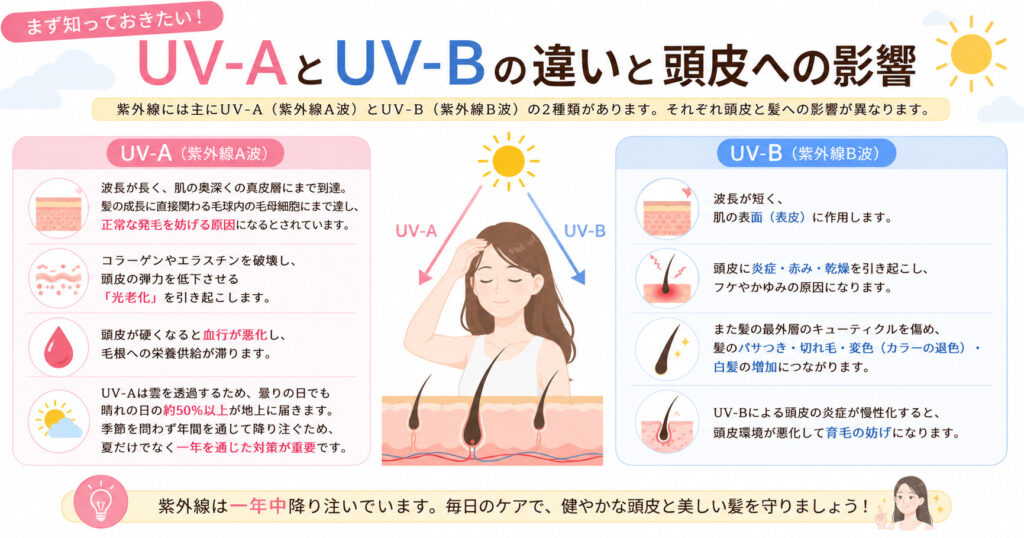 UV-A？UV-B？意外と知られていない紫外線の種類になります。それぞれの特徴を大阪市鶴見区薄毛に悩む女性専用サロンhitotema salonの中尾沙織が解説します。