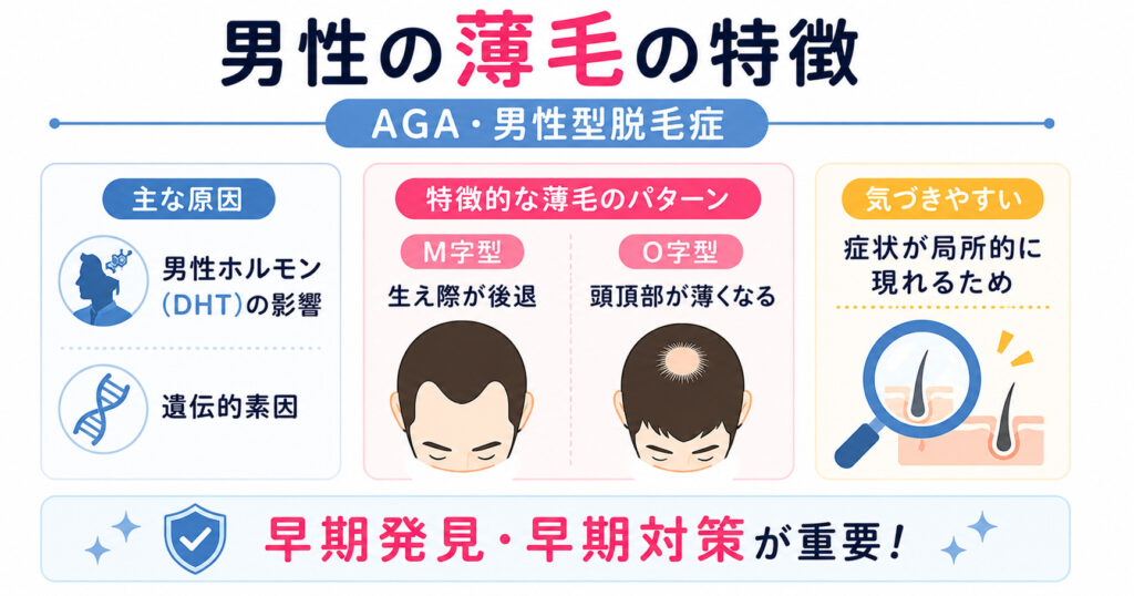 男性の薄毛の特徴を図解しています