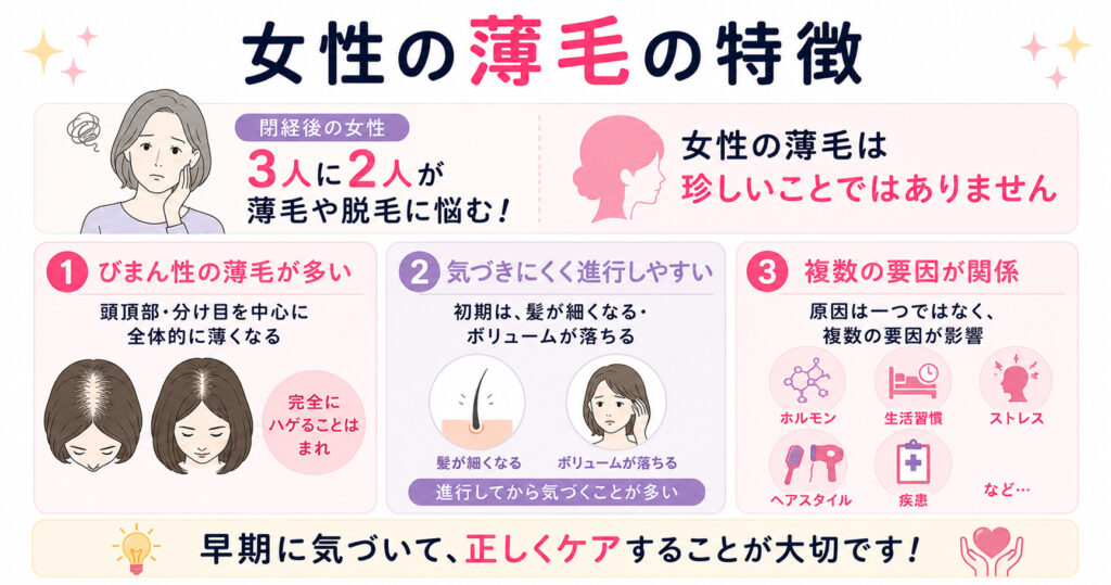 女性の薄毛の特徴を図解しています
